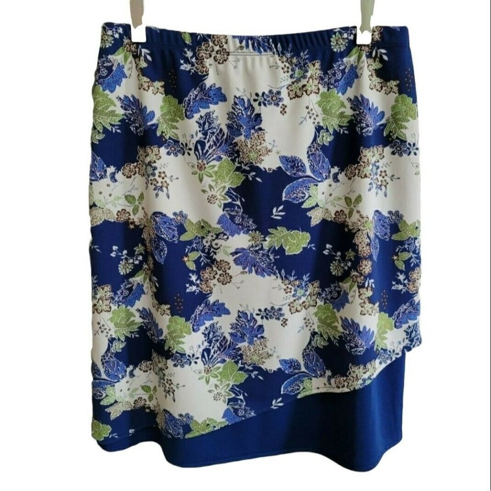 Petite Sophisticate Skirt Pull On Blue Leaves & Flowers Sz Small Business Casual
